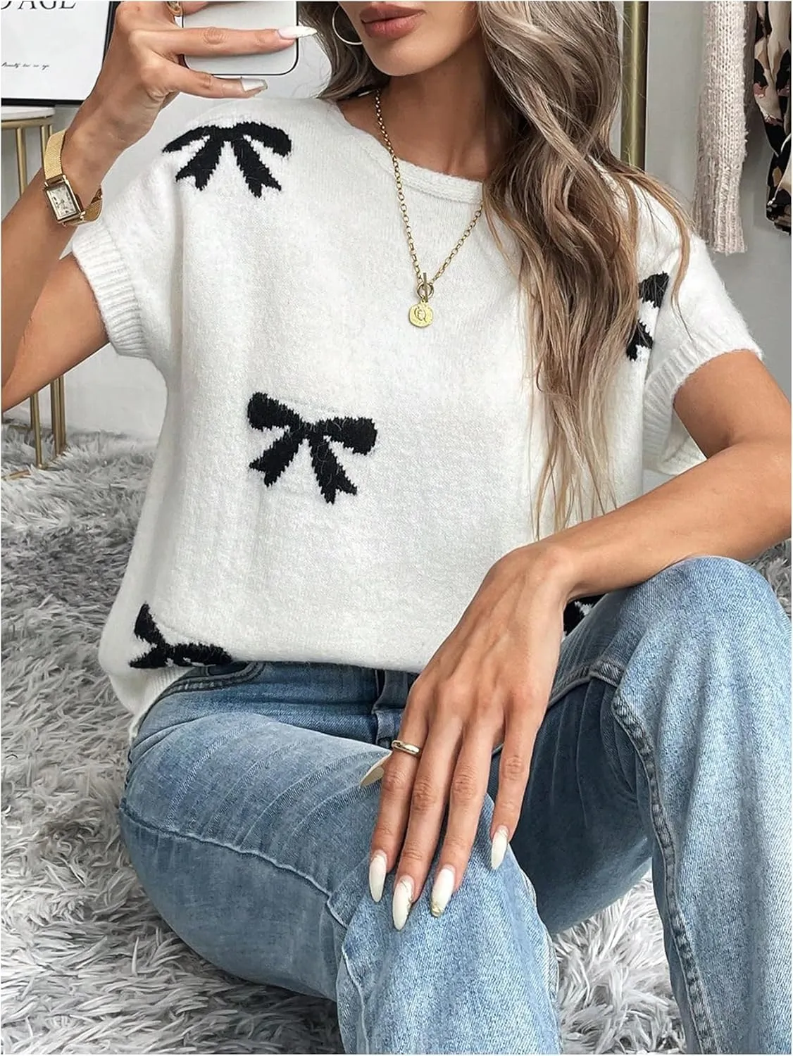 Verdusa Women's Bow Knot Pullover Sweaters Round Neck Short Sleeve Loose Knit Tops