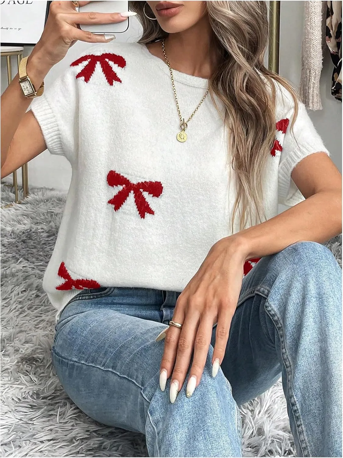 Verdusa Women's Bow Knot Pullover Sweaters Round Neck Short Sleeve Loose Knit Tops