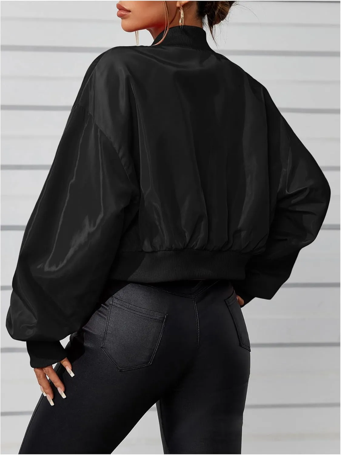 Verdusa Women's Cropped Bomber Lightweight Jacket Long Sleeve Zip Up Outerwear