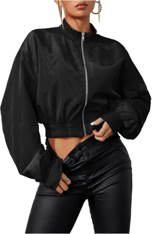 Verdusa Women's Cropped Bomber Lightweight Jacket Long Sleeve Zip Up Outerwear