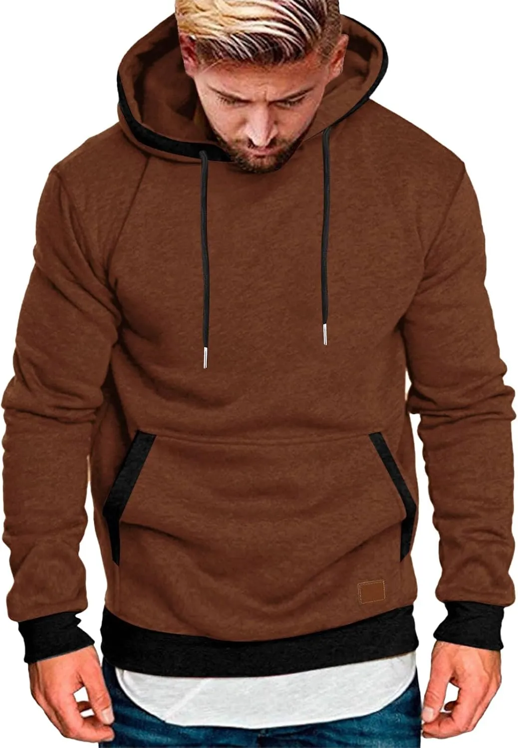 Wankang Mens Athletic Pullover Hoodies Color Block Long Sleeve Hooded Sweatshirts Casual Drawstring Tops with Kanga Pocket