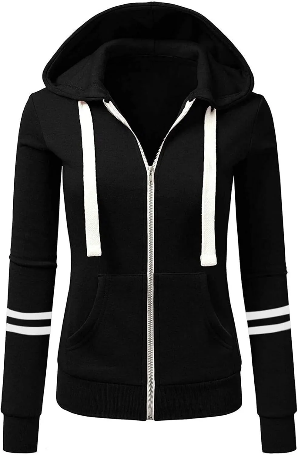 Wankang Women's Striped Color Block Hoodies Long Sleeve Hooded Sweatshirts Zip Up Jacket Pullover Top with Pockets Plus Size