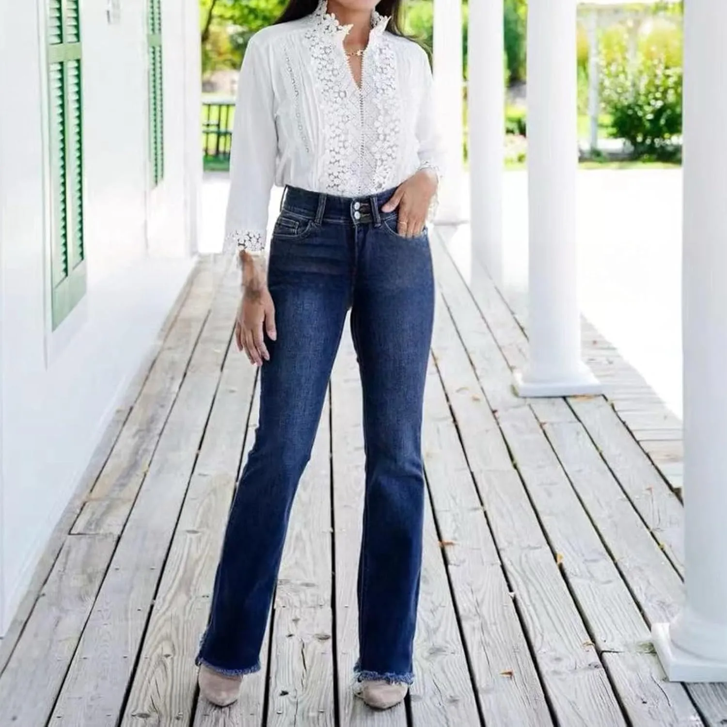Wide Leg Jeans Woman High Waisted Trendy Stretchy Denim Slim Fit Button Up Trousers Retro Workout Pants with Pockets