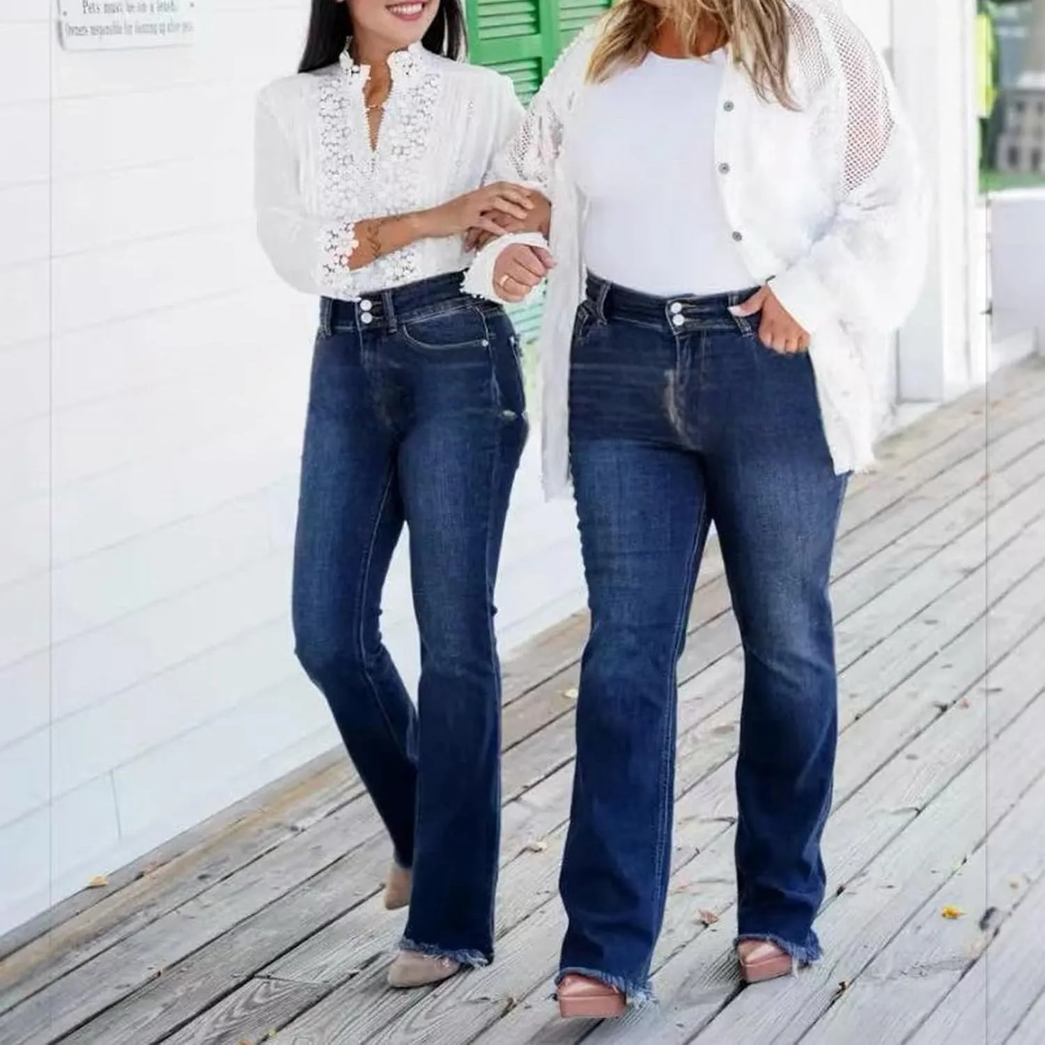 Wide Leg Jeans Woman High Waisted Trendy Stretchy Denim Slim Fit Button Up Trousers Retro Workout Pants with Pockets