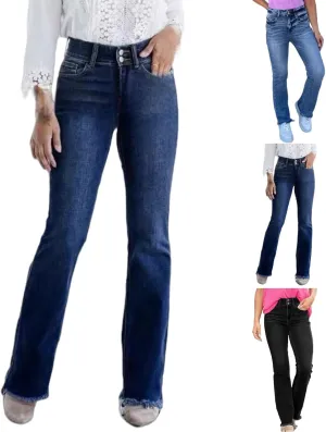 Wide Leg Jeans Woman High Waisted Trendy Stretchy Denim Slim Fit Button Up Trousers Retro Workout Pants with Pockets