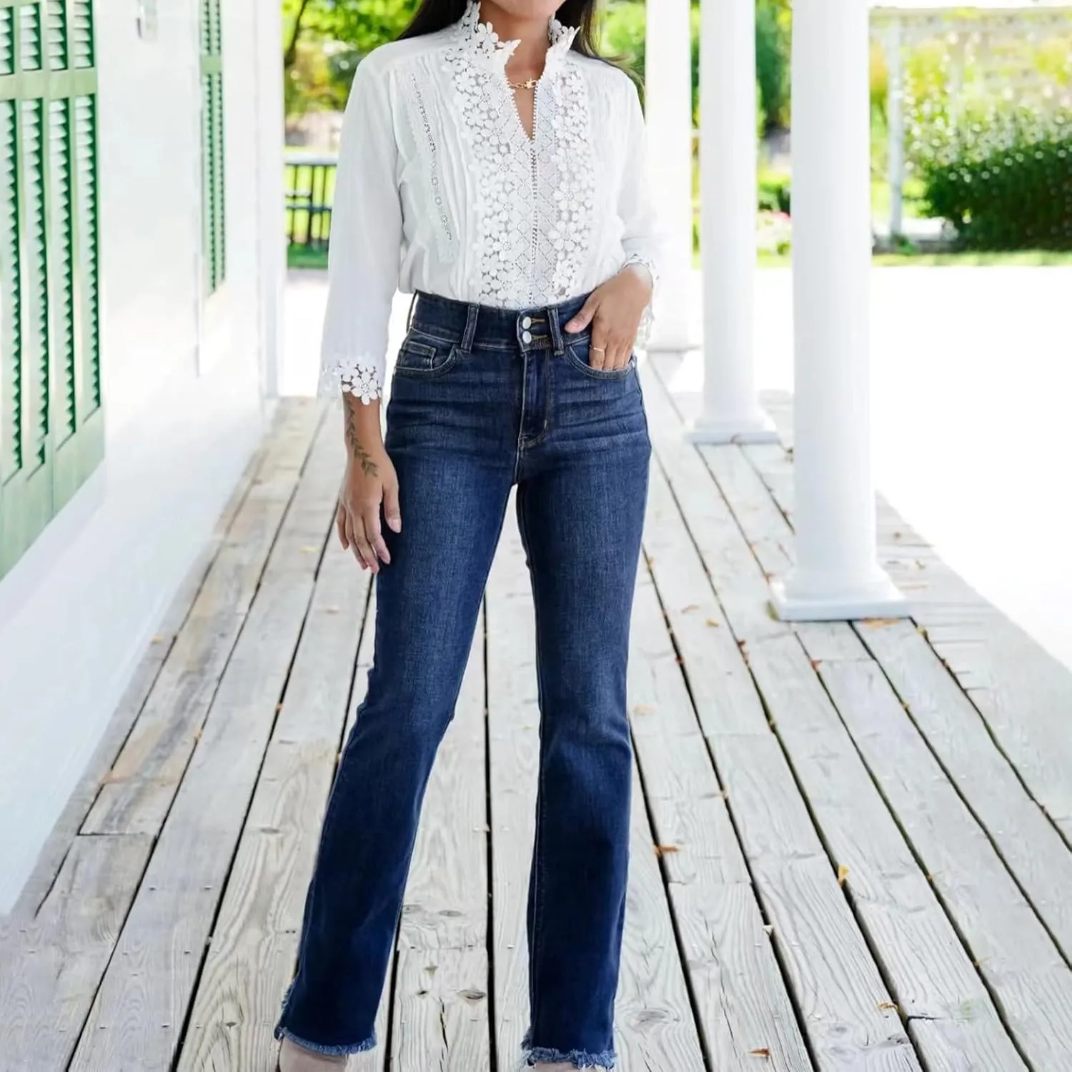 Wide Leg Jeans Woman High Waisted Trendy Stretchy Denim Slim Fit Button Up Trousers Retro Workout Pants with Pockets