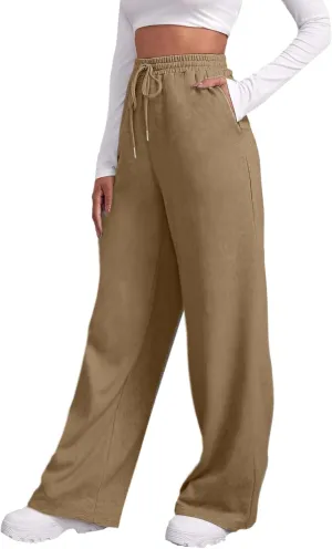 Wide Leg Sweatpants for Women Fleece Lined High Waisted Drawstring Joggers Comfy Lounge Workout Loose Pants with Pocket