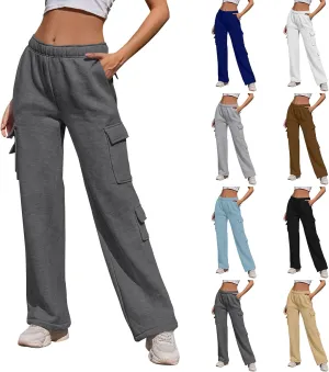 Wide Leg Sweatpants Women Baggy Elastic High Waisted Cargo Sweatpants Casual Comfy Fleece Joggers with Pockets
