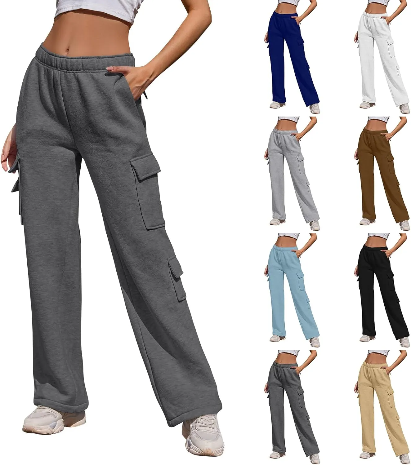 Wide Leg Sweatpants Women Baggy Elastic High Waisted Cargo Sweatpants Casual Comfy Fleece Joggers with Pockets