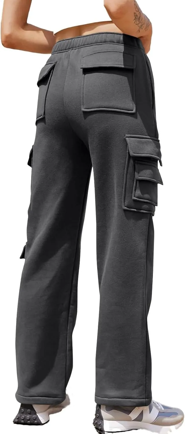 Wide Leg Sweatpants Women Baggy Elastic High Waisted Cargo Sweatpants Casual Comfy Fleece Joggers with Pockets
