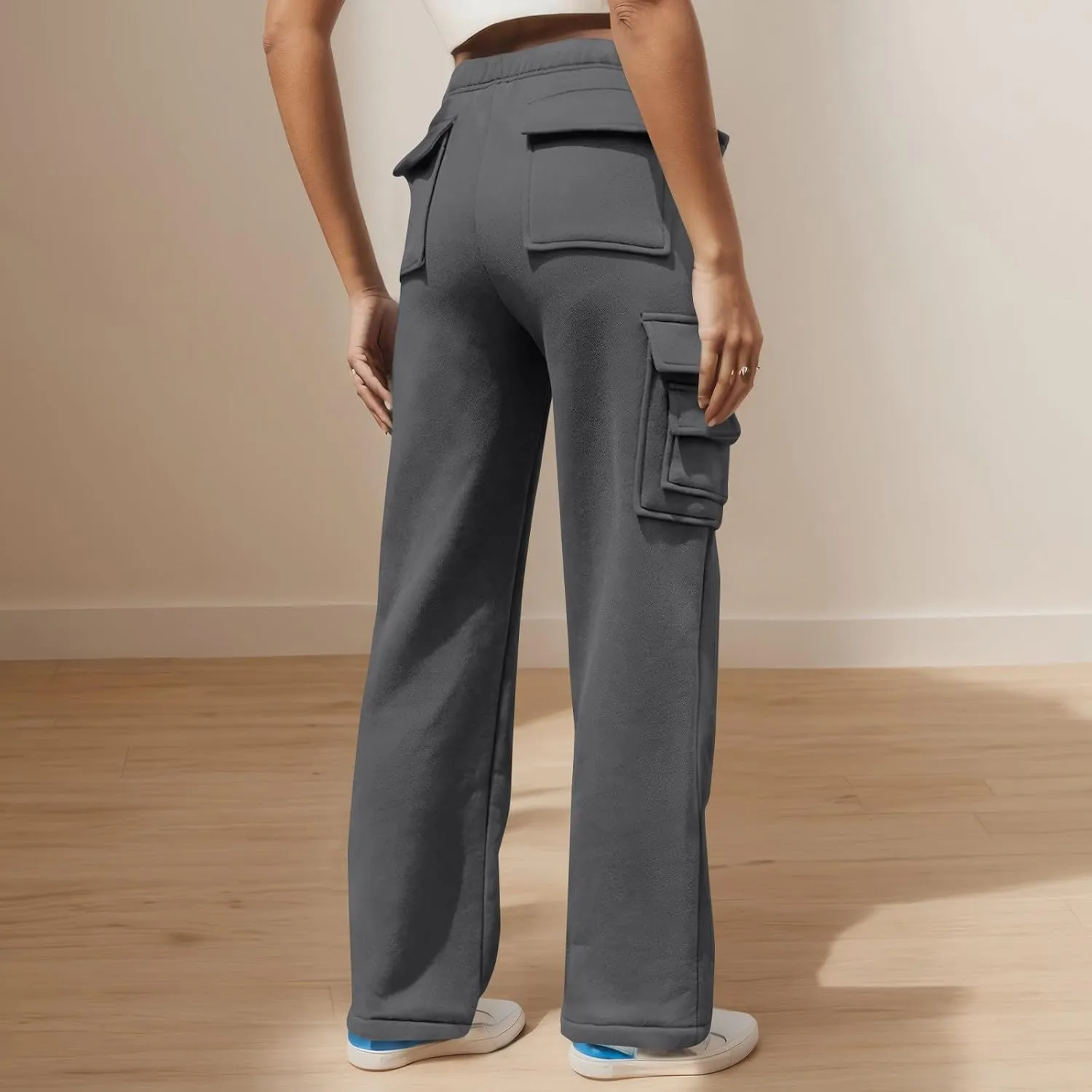 Wide Leg Sweatpants Women Baggy Elastic High Waisted Cargo Sweatpants Casual Comfy Fleece Joggers with Pockets