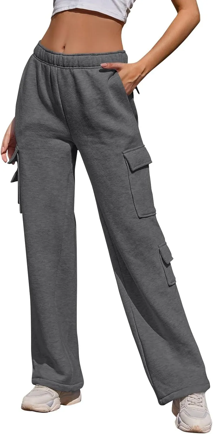 Wide Leg Sweatpants Women Baggy Elastic High Waisted Cargo Sweatpants Casual Comfy Fleece Joggers with Pockets