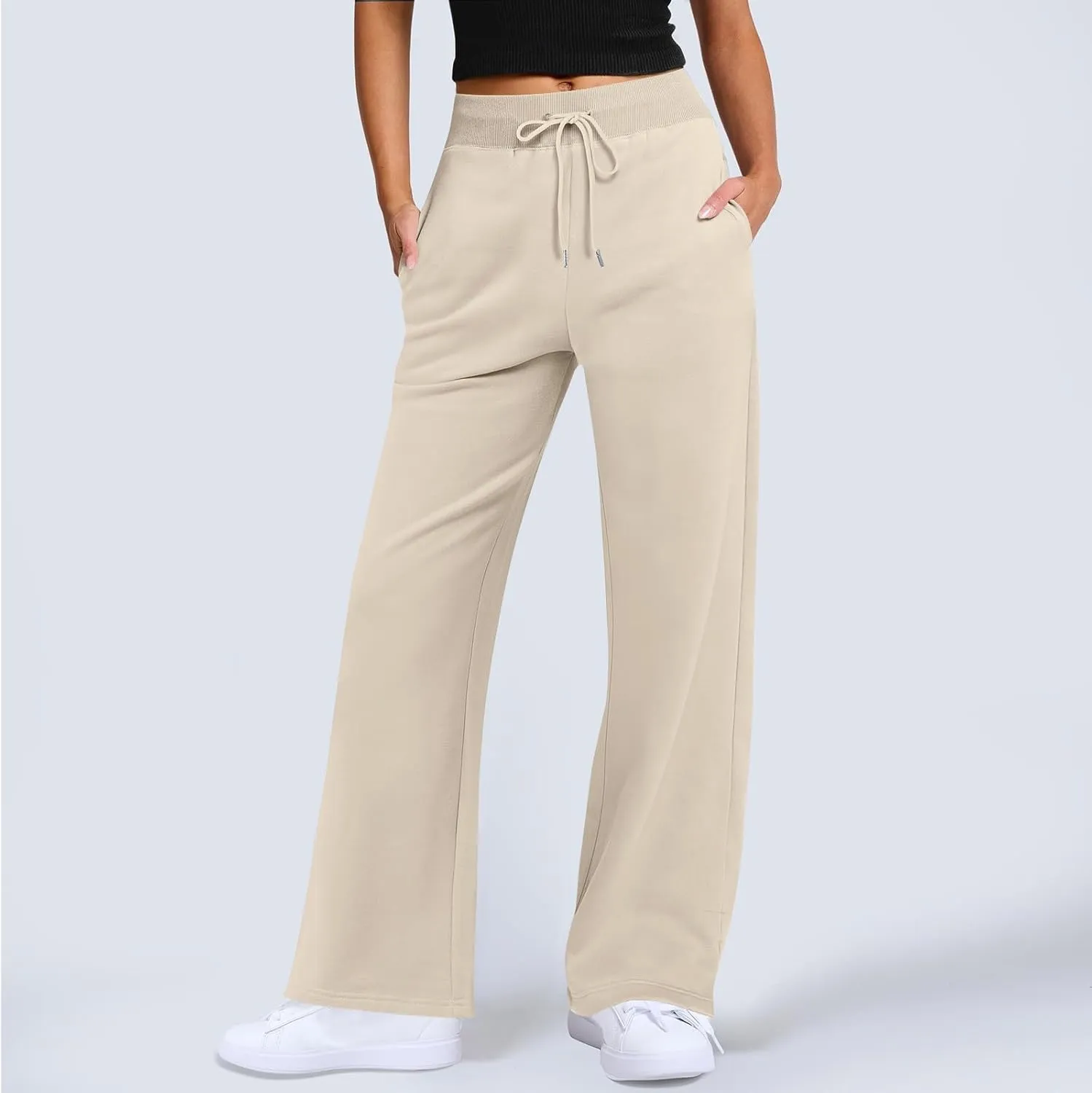 Wide Leg Sweatpants Women Baggy Joggers with Pockets Elastic High Waisted Drawstring Lounge Pants Athletic Ankle Pants