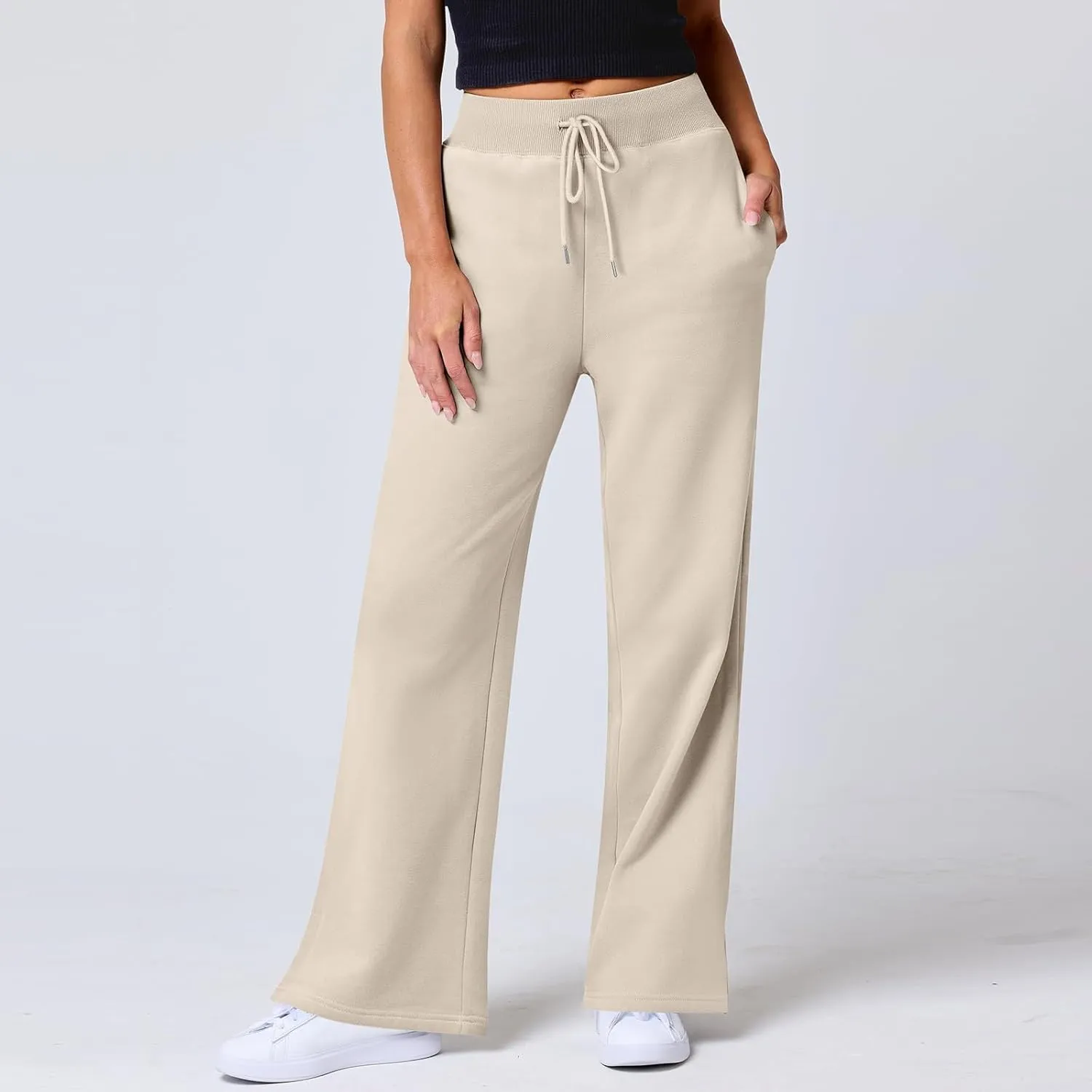 Wide Leg Sweatpants Women Baggy Joggers with Pockets Elastic High Waisted Drawstring Lounge Pants Athletic Ankle Pants