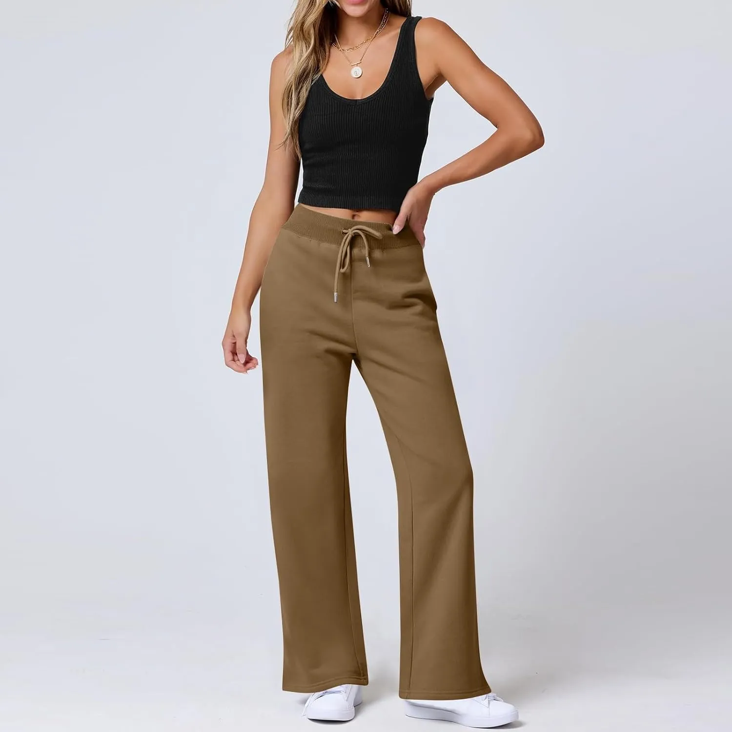 Wide Leg Sweatpants Women Baggy Joggers with Pockets Elastic High Waisted Drawstring Lounge Pants Athletic Ankle Pants