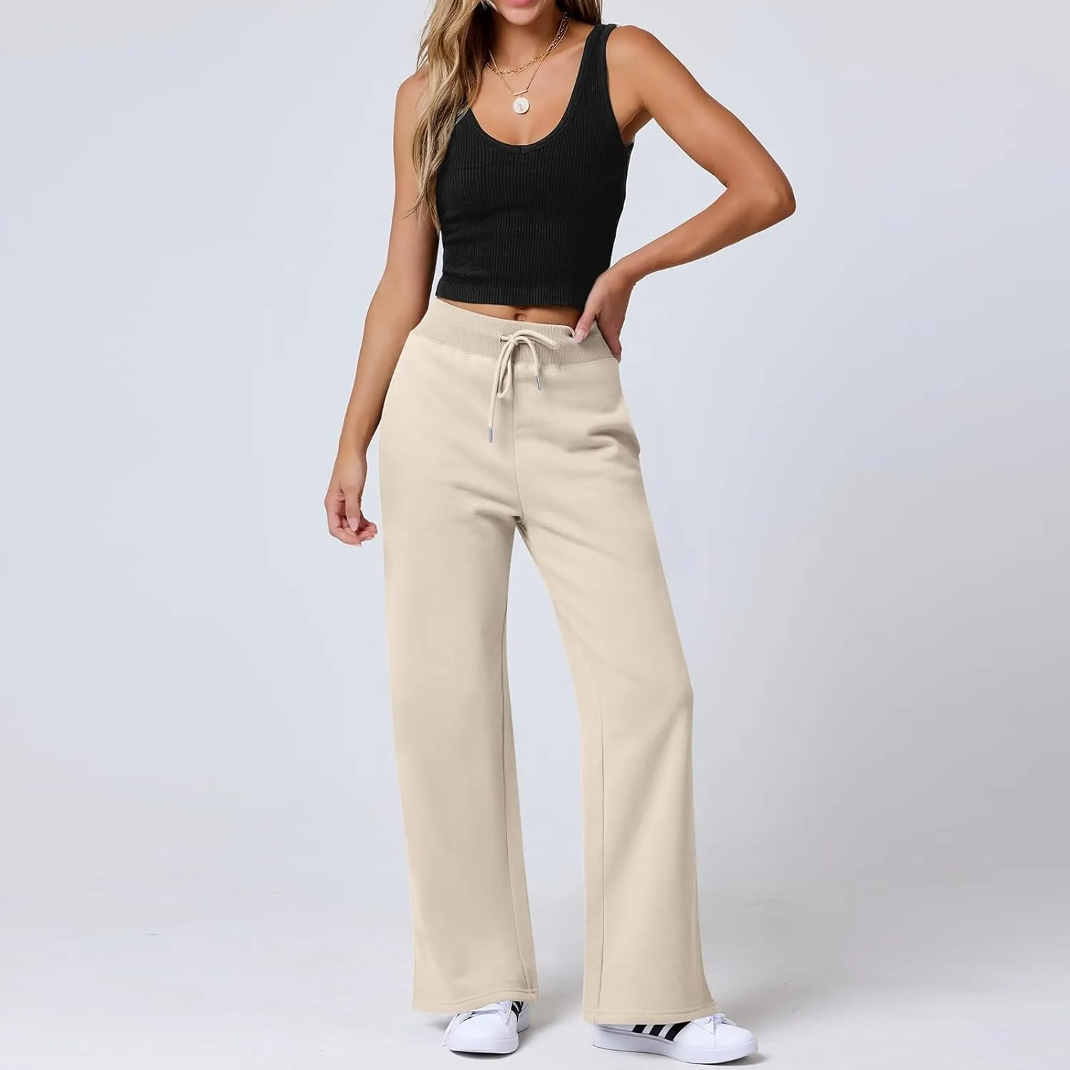 Wide Leg Sweatpants Women Baggy Joggers with Pockets Elastic High Waisted Drawstring Lounge Pants Athletic Ankle Pants