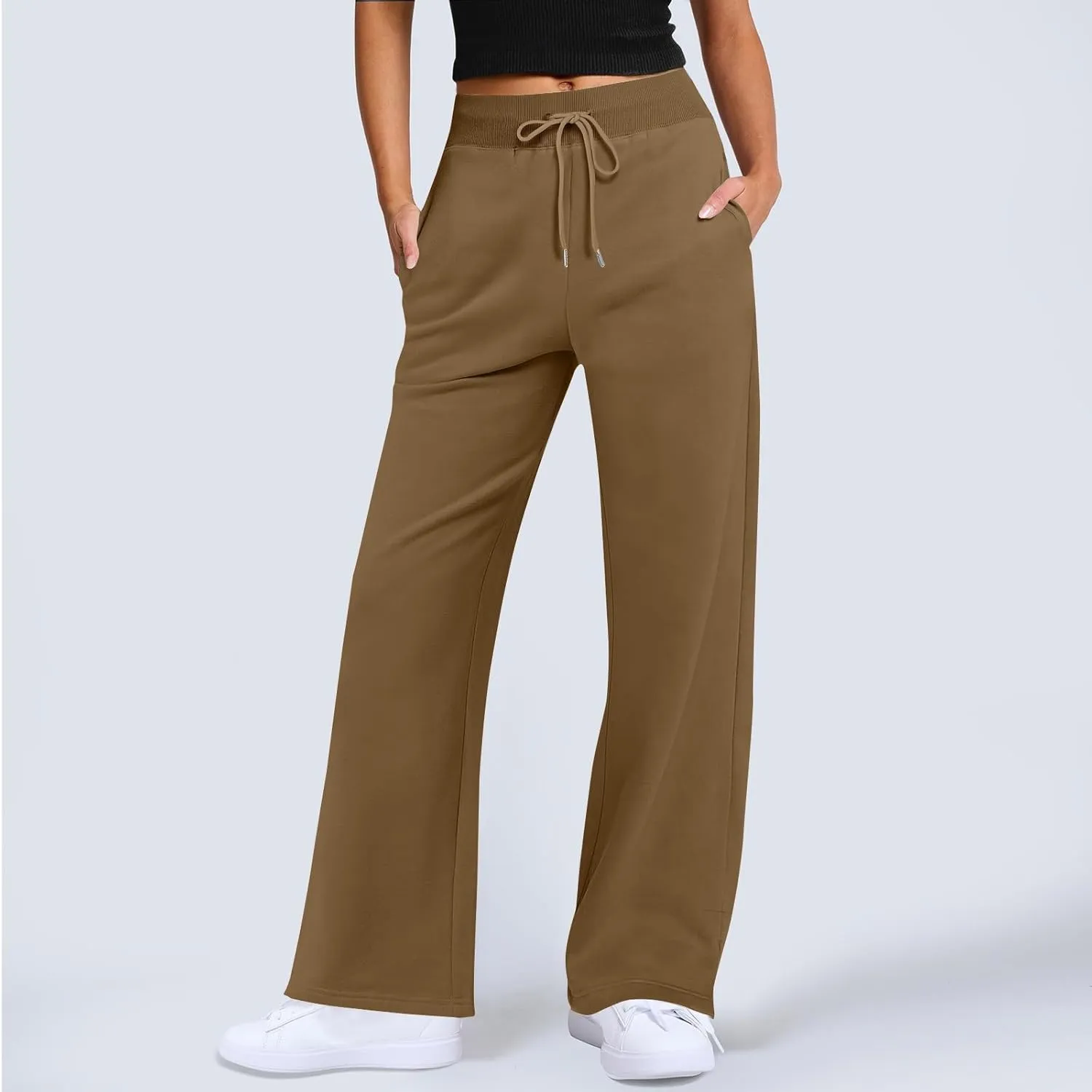 Wide Leg Sweatpants Women Baggy Joggers with Pockets Elastic High Waisted Drawstring Lounge Pants Athletic Ankle Pants