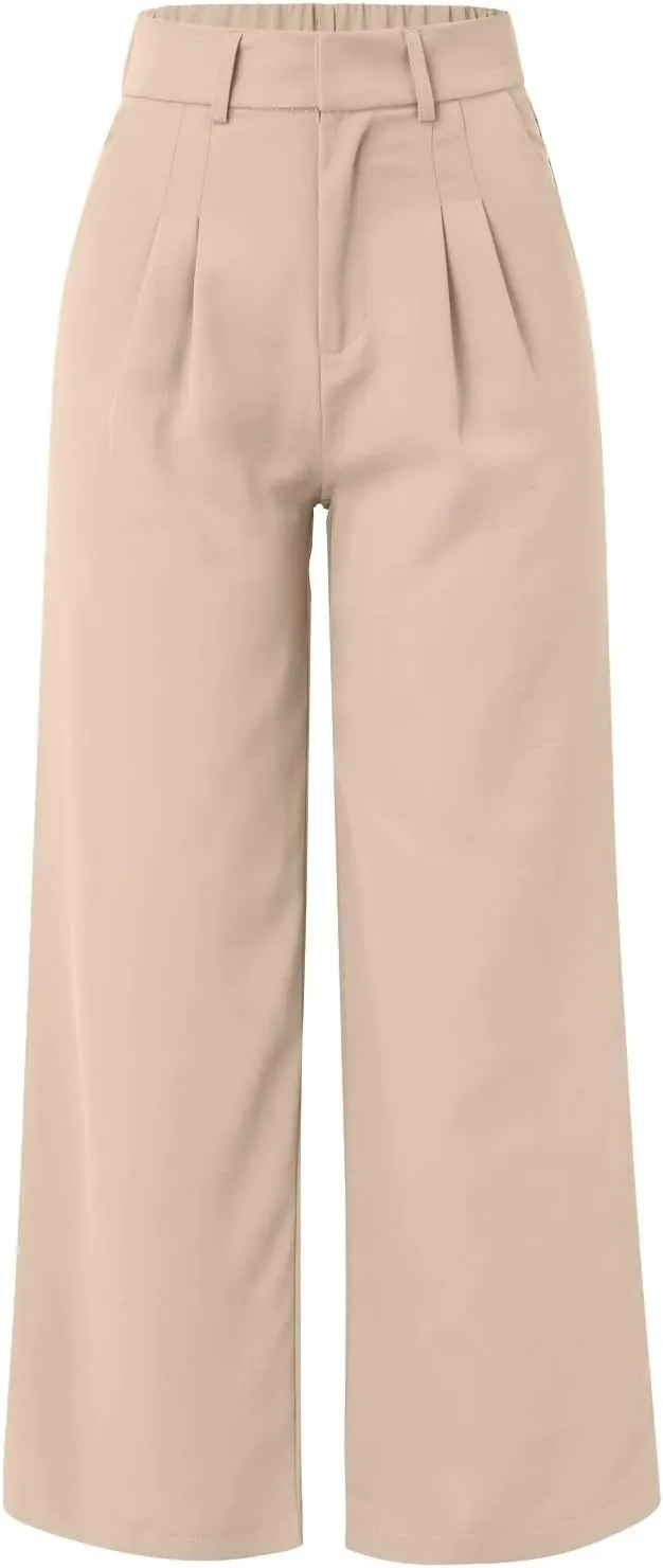 Wide Leg Work Pants Women Petite Length Palazzo Pants High Waist Elastic Flowy Straight Leg Business Casual Trouser
