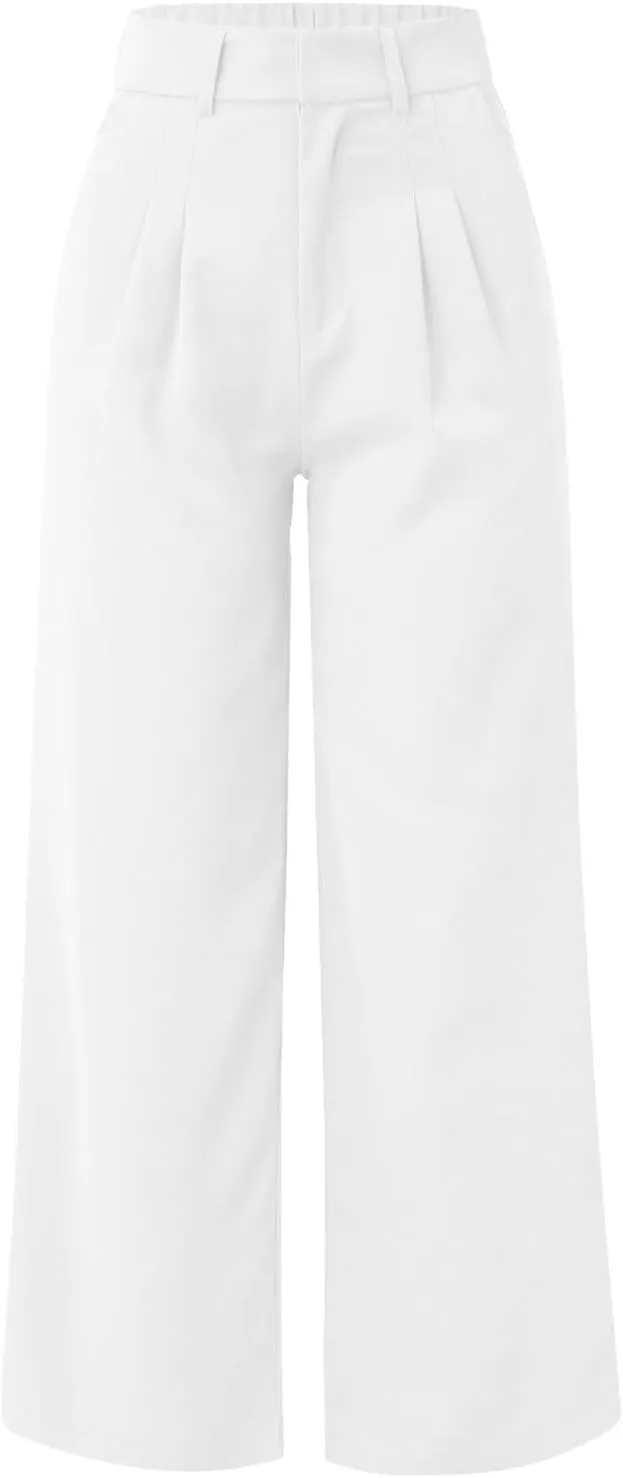 Wide Leg Work Pants Women Petite Length Palazzo Pants High Waist Elastic Flowy Straight Leg Business Casual Trouser