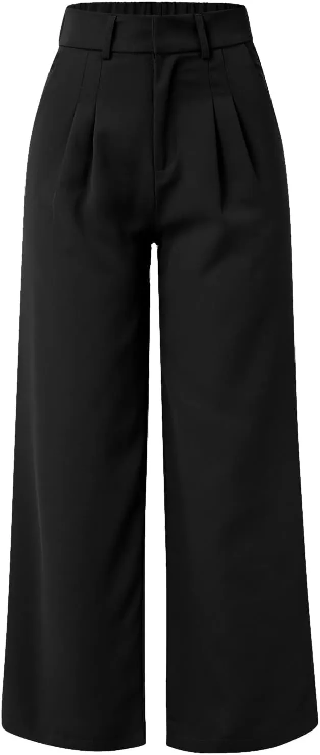 Wide Leg Work Pants Women Petite Length Palazzo Pants High Waist Elastic Flowy Straight Leg Business Casual Trouser