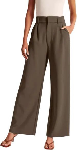 Wide Leg Work Pants Women Petite Length Palazzo Pants High Waist Elastic Flowy Straight Leg Business Casual Trouser