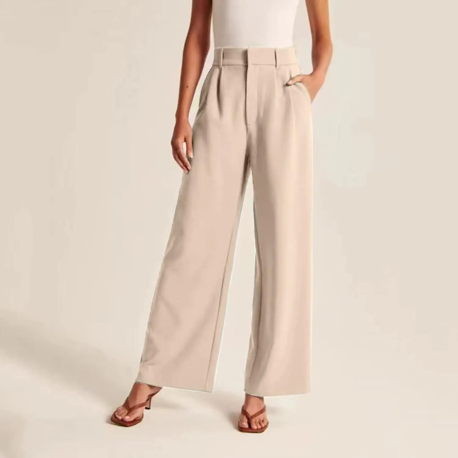 Wide Leg Work Pants Women Petite Length Palazzo Pants High Waist Elastic Flowy Straight Leg Business Casual Trouser