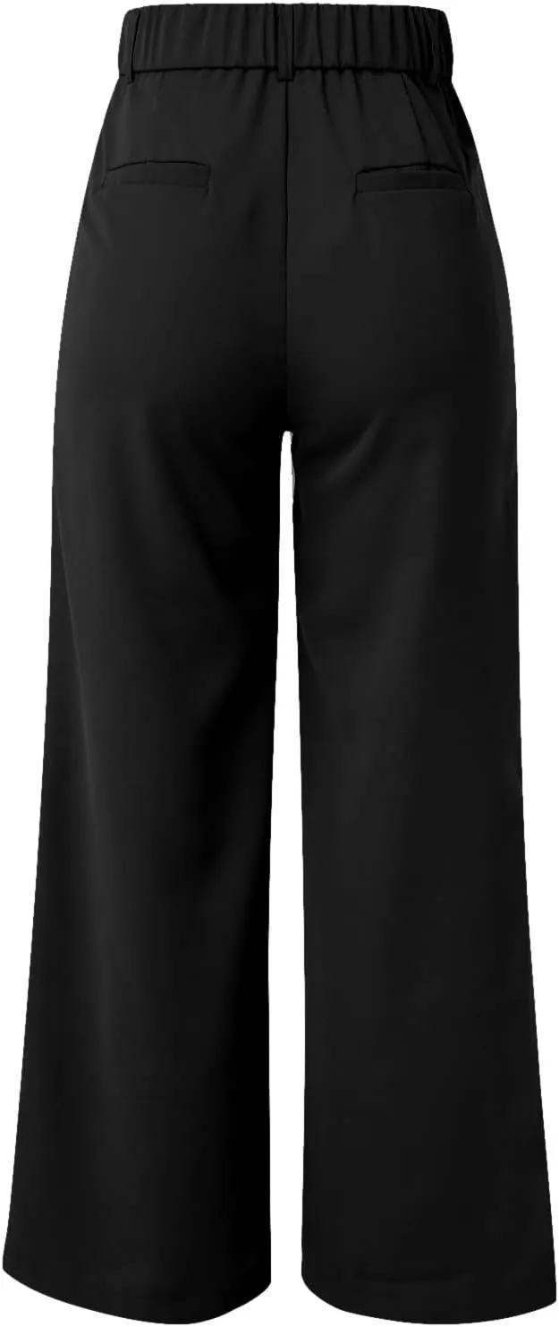 Wide Leg Work Pants Women Petite Length Palazzo Pants High Waist Elastic Flowy Straight Leg Business Casual Trouser