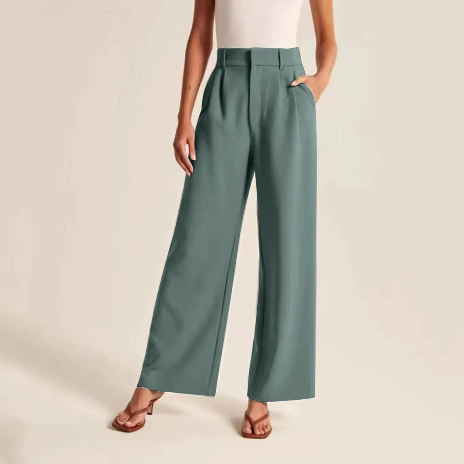 Wide Leg Work Pants Women Petite Length Palazzo Pants High Waist Elastic Flowy Straight Leg Business Casual Trouser