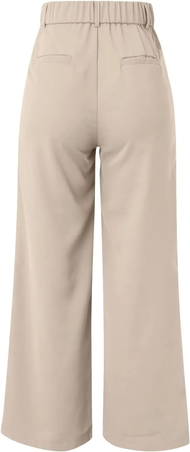 Wide Leg Work Pants Women Petite Length Palazzo Pants High Waist Elastic Flowy Straight Leg Business Casual Trouser