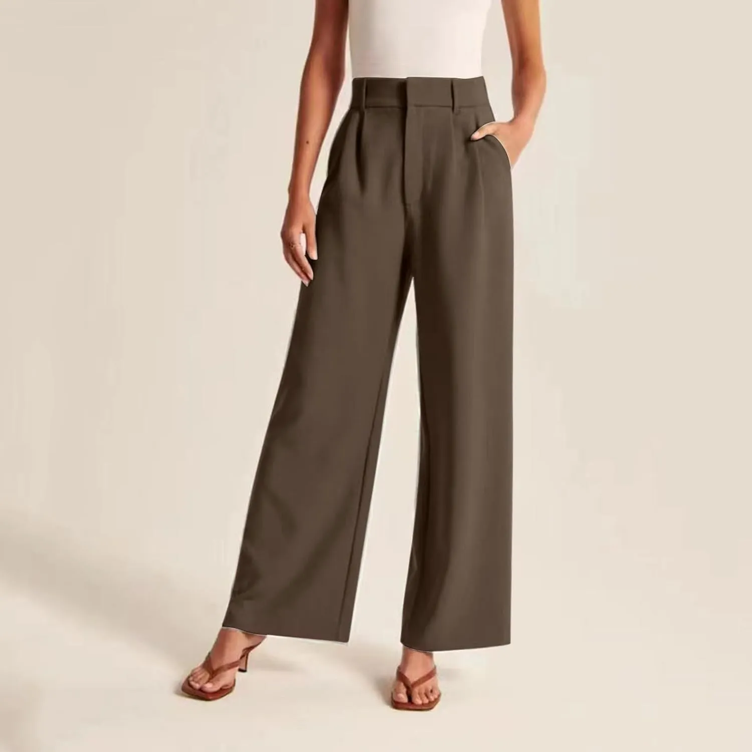 Wide Leg Work Pants Women Petite Length Palazzo Pants High Waist Elastic Flowy Straight Leg Business Casual Trouser
