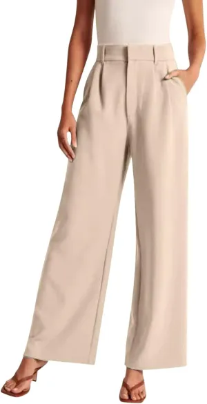 Wide Leg Work Pants Women Petite Length Palazzo Pants High Waist Elastic Flowy Straight Leg Business Casual Trouser
