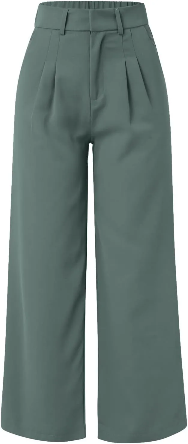 Wide Leg Work Pants Women Petite Length Palazzo Pants High Waist Elastic Flowy Straight Leg Business Casual Trouser