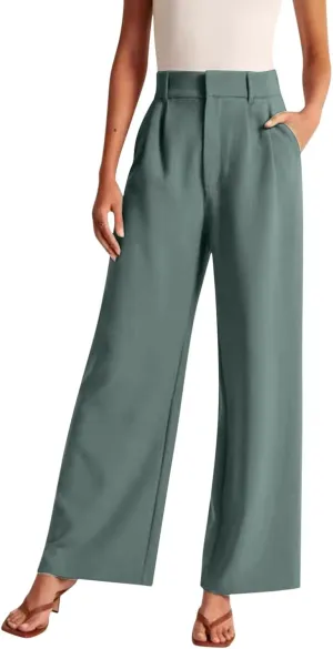 Wide Leg Work Pants Women Petite Length Palazzo Pants High Waist Elastic Flowy Straight Leg Business Casual Trouser