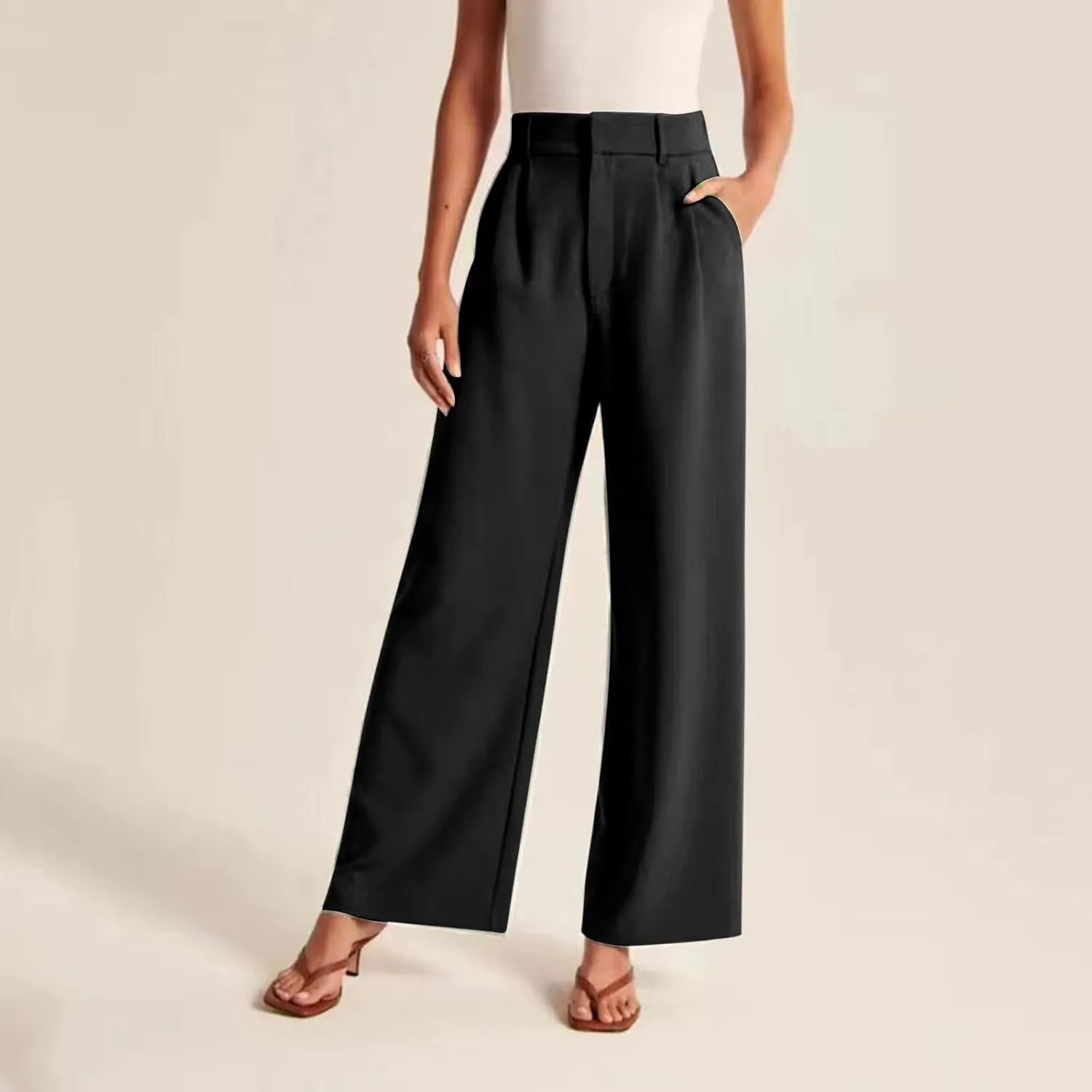 Wide Leg Work Pants Women Petite Length Palazzo Pants High Waist Elastic Flowy Straight Leg Business Casual Trouser