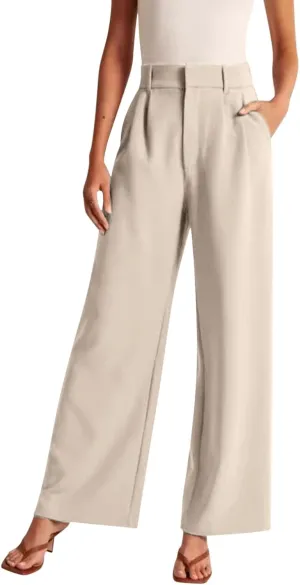 Wide Leg Work Pants Women Petite Length Palazzo Pants High Waist Elastic Flowy Straight Leg Business Casual Trouser