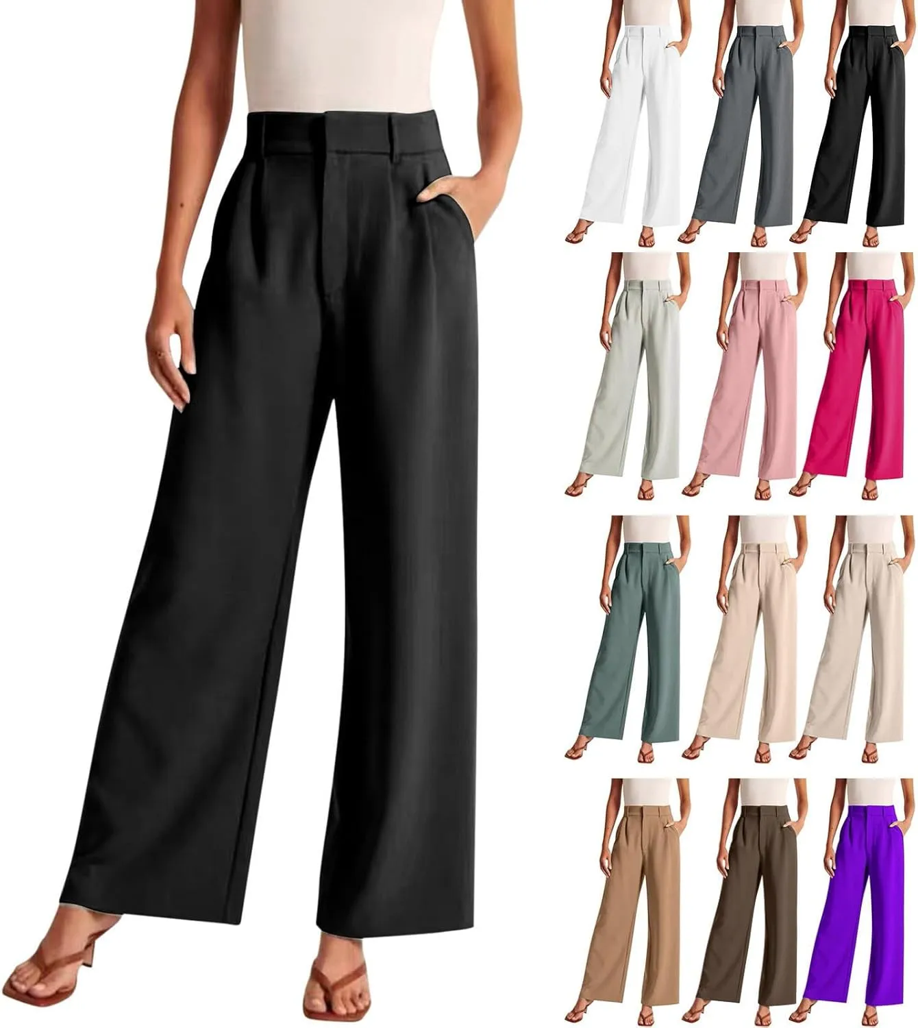 Wide Leg Work Pants Women Petite Length Palazzo Pants High Waist Elastic Flowy Straight Leg Business Casual Trouser