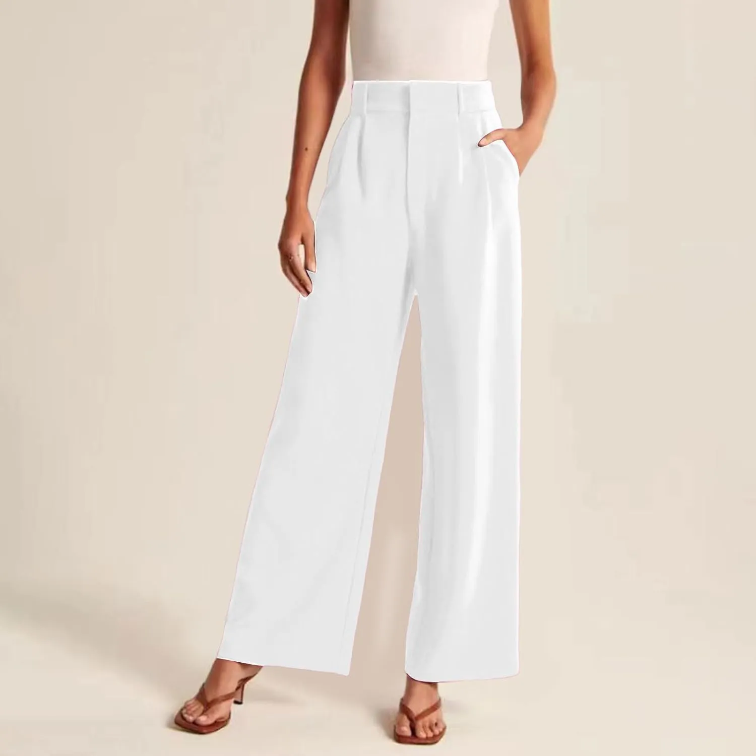 Wide Leg Work Pants Women Petite Length Palazzo Pants High Waist Elastic Flowy Straight Leg Business Casual Trouser
