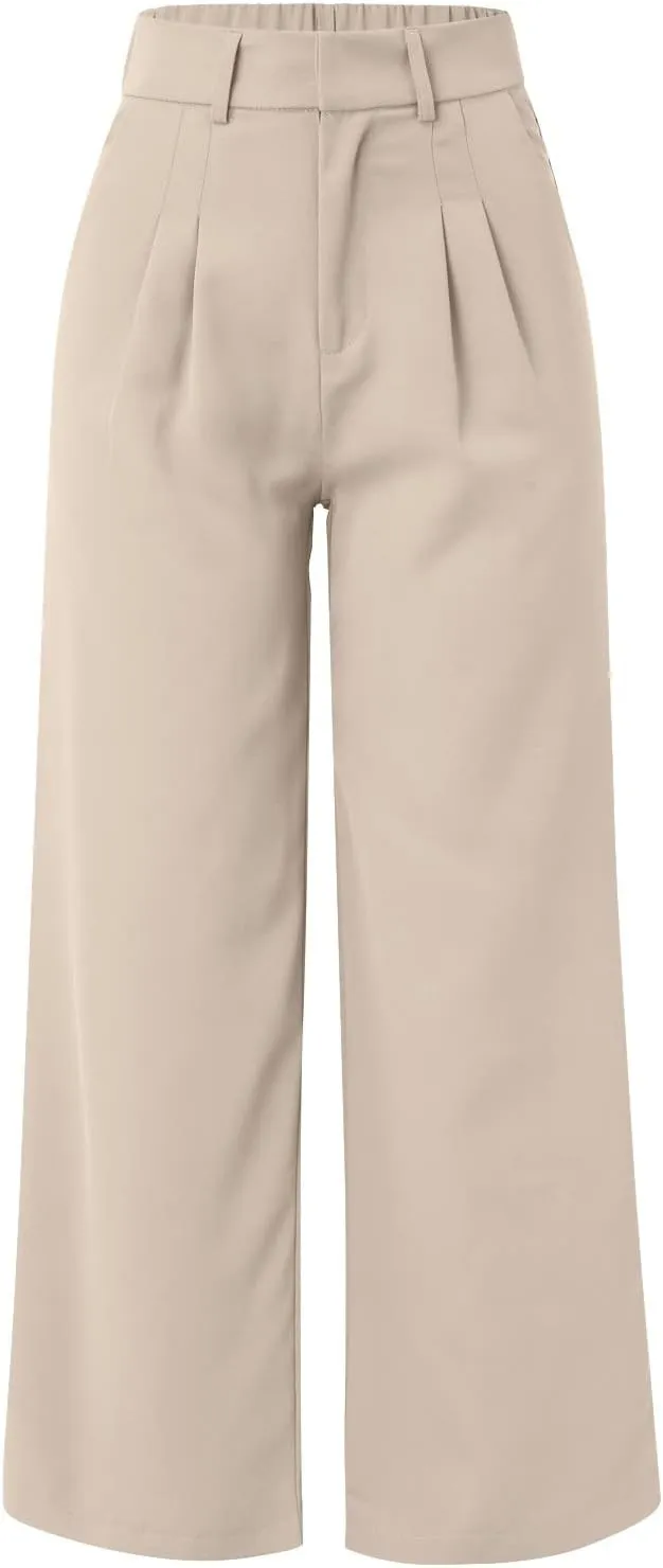 Wide Leg Work Pants Women Petite Length Palazzo Pants High Waist Elastic Flowy Straight Leg Business Casual Trouser