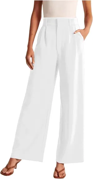 Wide Leg Work Pants Women Petite Length Palazzo Pants High Waist Elastic Flowy Straight Leg Business Casual Trouser