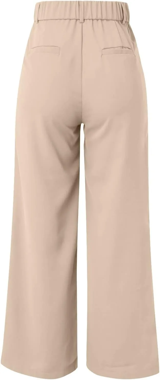 Wide Leg Work Pants Women Petite Length Palazzo Pants High Waist Elastic Flowy Straight Leg Business Casual Trouser