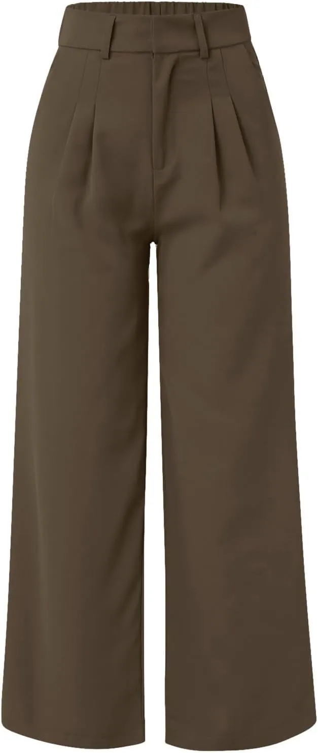 Wide Leg Work Pants Women Petite Length Palazzo Pants High Waist Elastic Flowy Straight Leg Business Casual Trouser