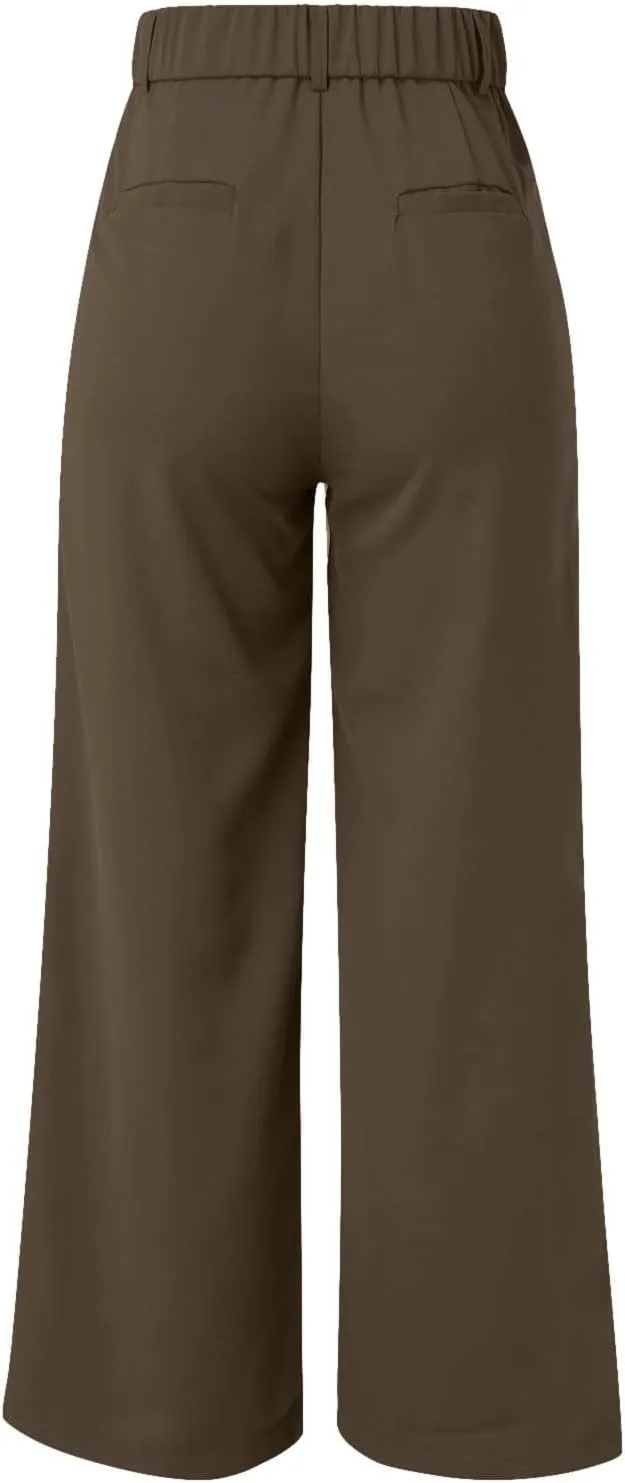 Wide Leg Work Pants Women Petite Length Palazzo Pants High Waist Elastic Flowy Straight Leg Business Casual Trouser