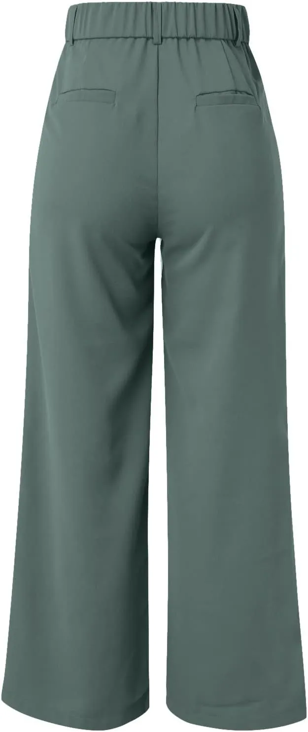 Wide Leg Work Pants Women Petite Length Palazzo Pants High Waist Elastic Flowy Straight Leg Business Casual Trouser
