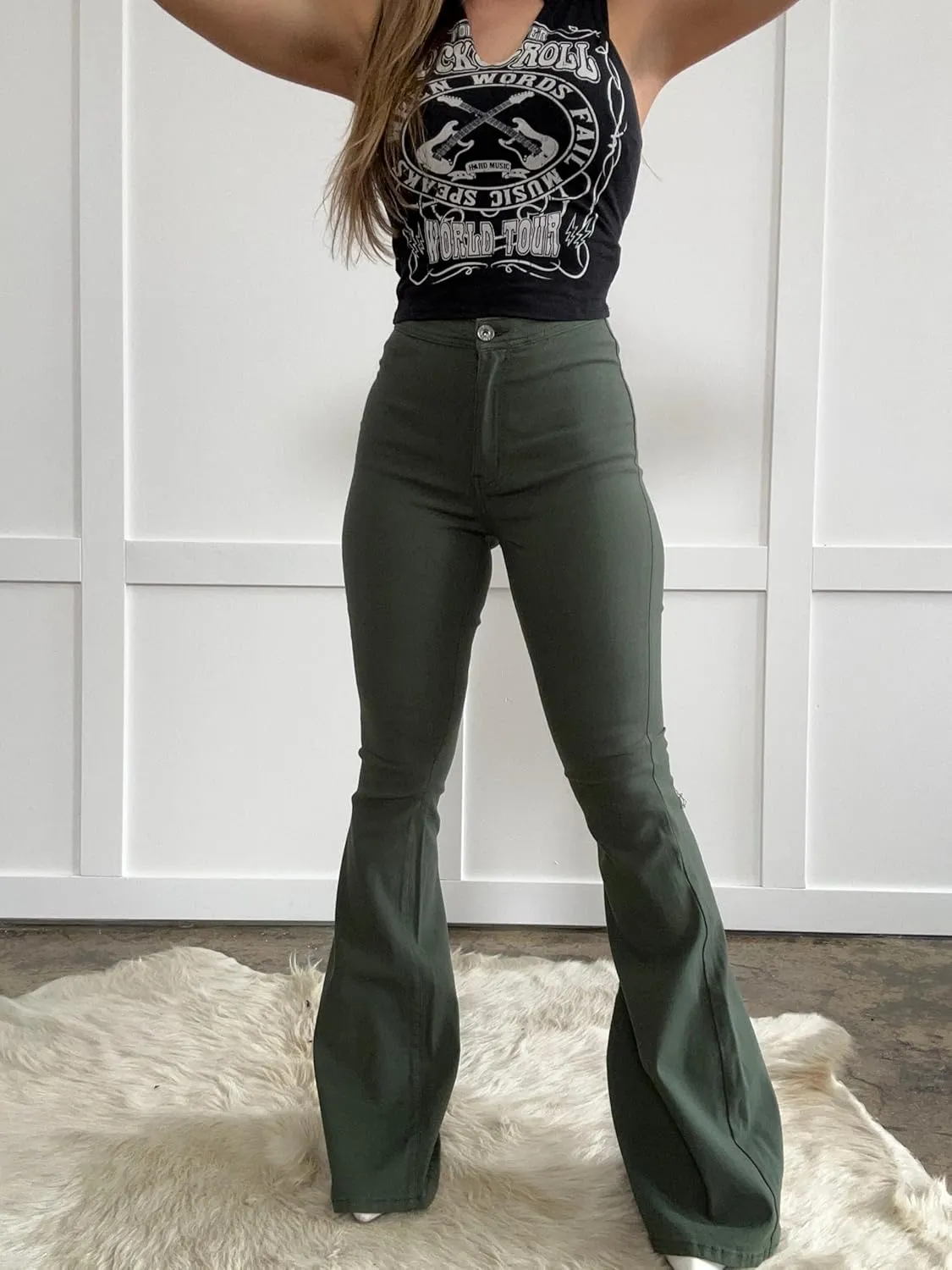 Willow Boutique High Waist Bell Bottom Jeans | Stretchy Women Bell Bottom Pants | Womens Fall Jeans for Casual - Olive