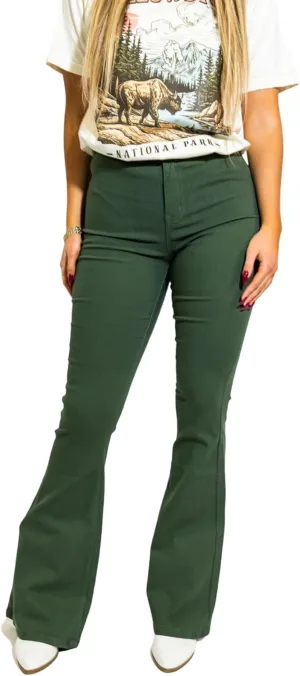Willow Boutique High Waist Bell Bottom Jeans | Stretchy Women Bell Bottom Pants | Womens Fall Jeans for Casual - Olive