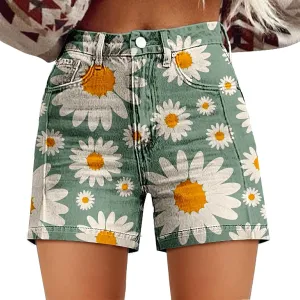 Women Denim Shorts Vintage Boho Floral Print Denim Jeans Casual High Waist Slim Bermuda Short Retro Y2K Streetwear