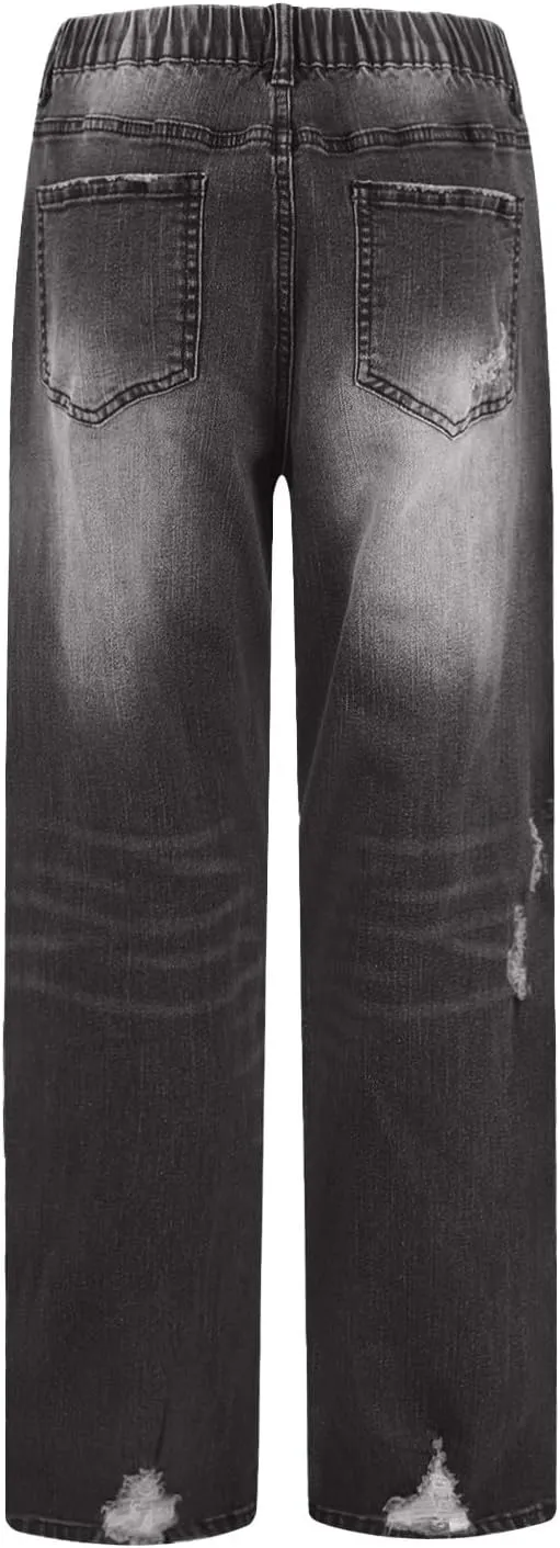 Women Distressed Straight Leg Jeans Boyfriend High Waited Baggy Sweatpants Y2K Streetwear Denim Pants with Pocket