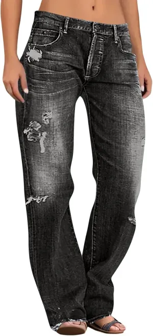 Women Distressed Straight Leg Jeans Boyfriend High Waited Baggy Sweatpants Y2K Streetwear Denim Pants with Pocket