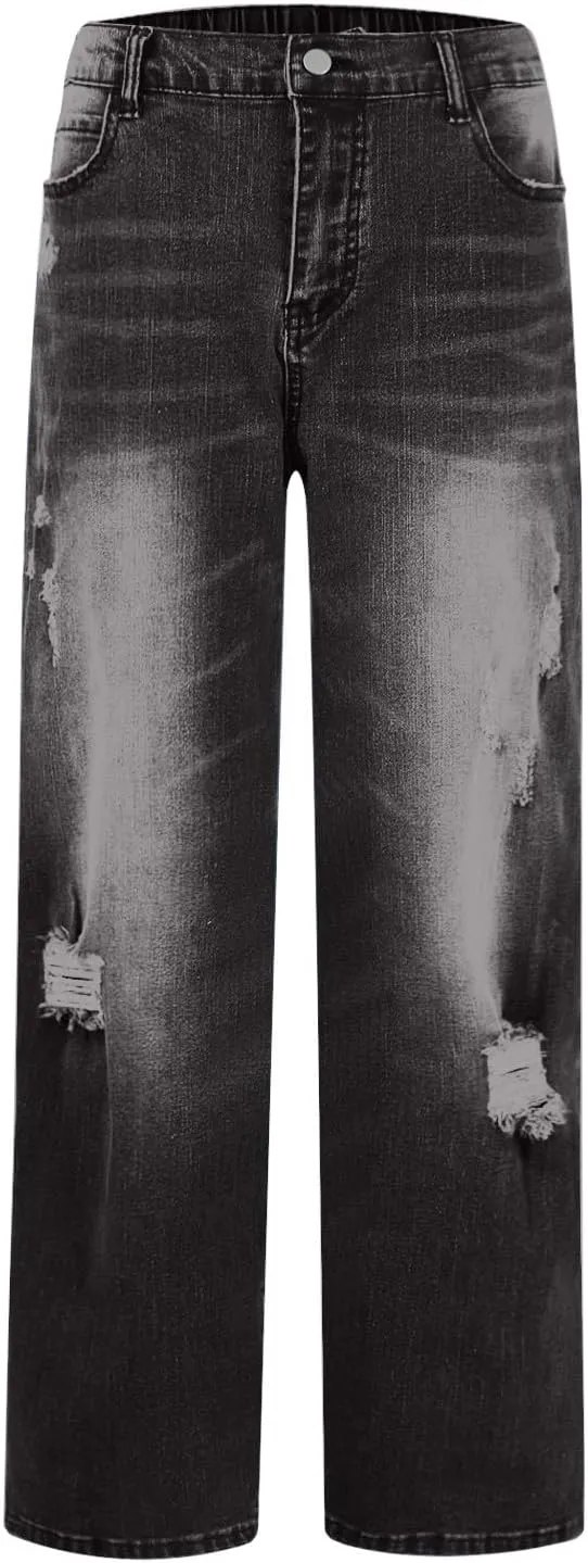 Women Distressed Straight Leg Jeans Boyfriend High Waited Baggy Sweatpants Y2K Streetwear Denim Pants with Pocket