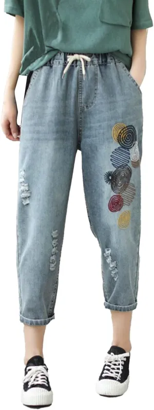 Women Floral Embroidered Denim Pants Wide Leg Baggy Barrel Jeans Tapered Bottom Trousers Straight Cropped Pants